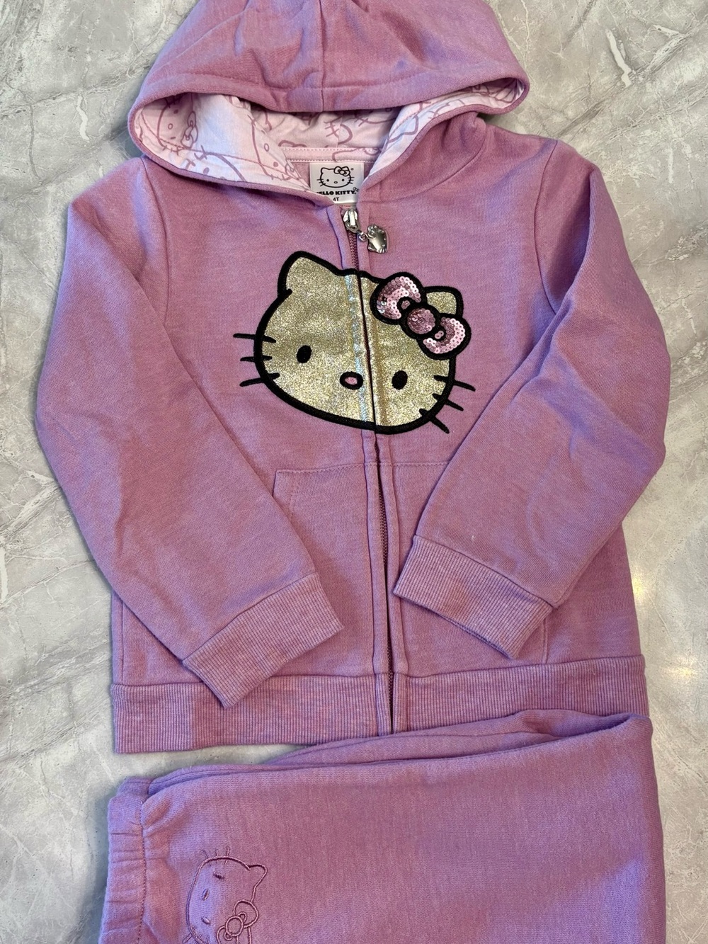 Hello Kitty Lavender Zip-Up Hoodie with Glitter Face and Matching Joggers Size 4